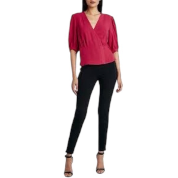 BCBGMaxAzria Tops - BCBGMAXAZRIA Red Wrap Blouse Puff Sleeve Peplum Top V Neck Designer Medium NWT